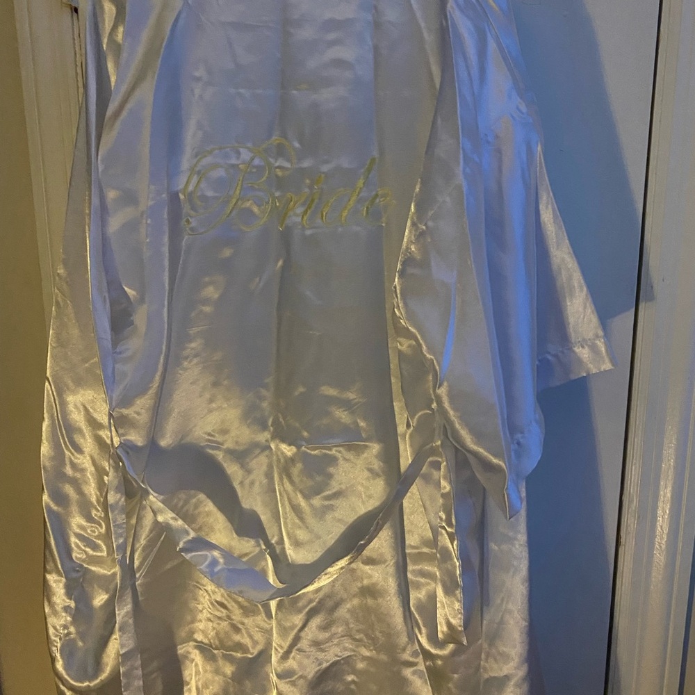 White Satin Bride Robe with Gold Lettering - Picture 2 of 4